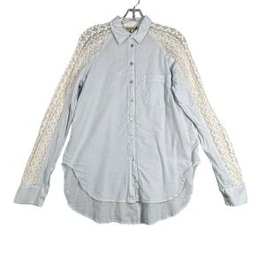 Holding Horses‎ Shirt Womens Small Blue White Striped Crochet Button Down Top